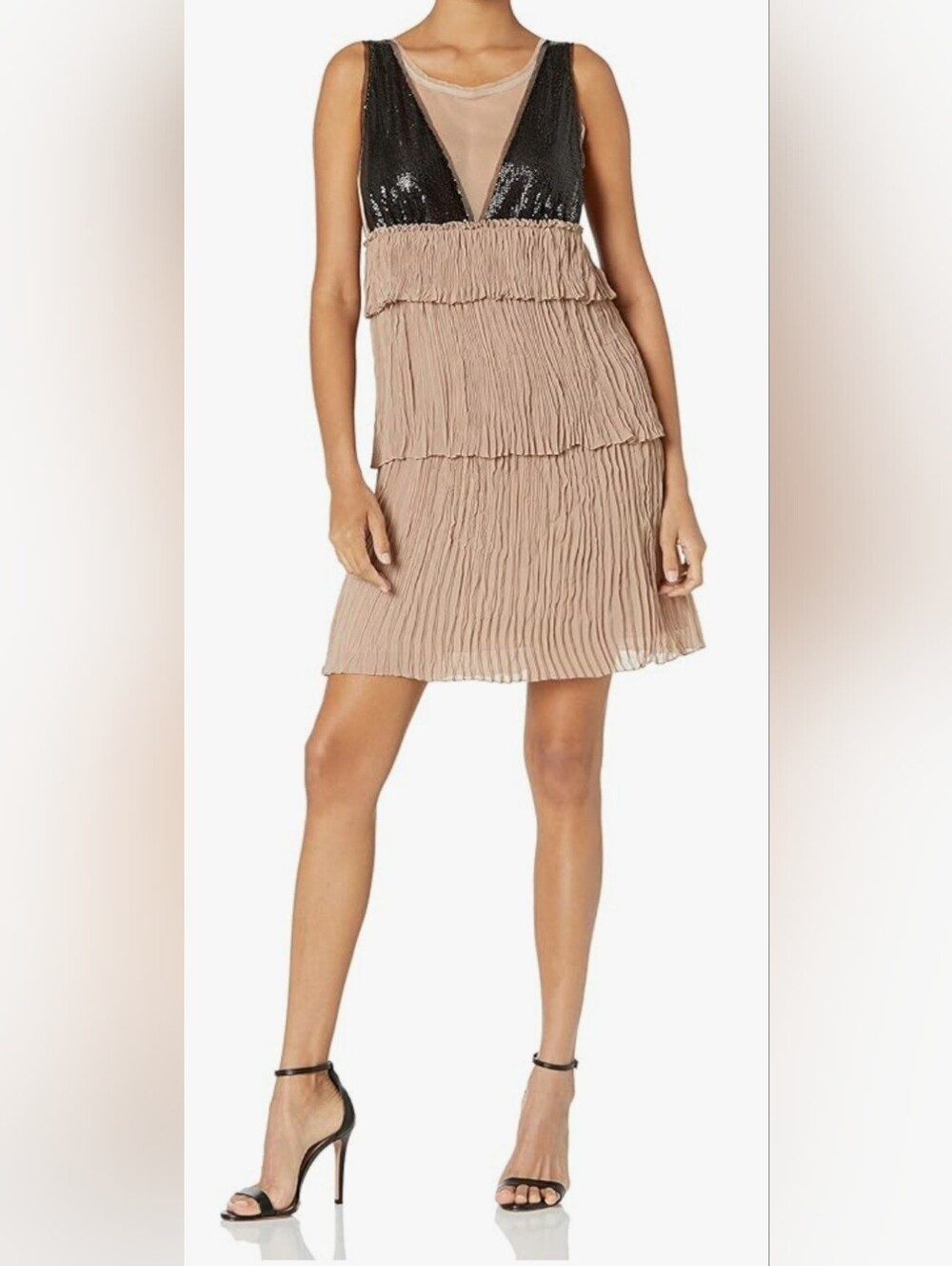 BCBGMaxAzria Black and Beige Tiered Pleated Mini Dress. Fits S/M.Great Condition